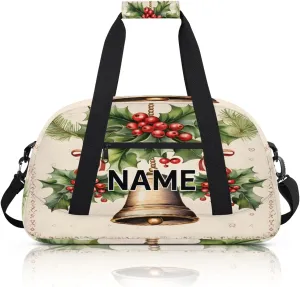 Custom Merry Christmas Small Gym Bag 18 inch for Women Men Personalized Xmas Bells Berry Happy New Year Carry On Overnight Weekender Bag for Travel Work Dance Sport