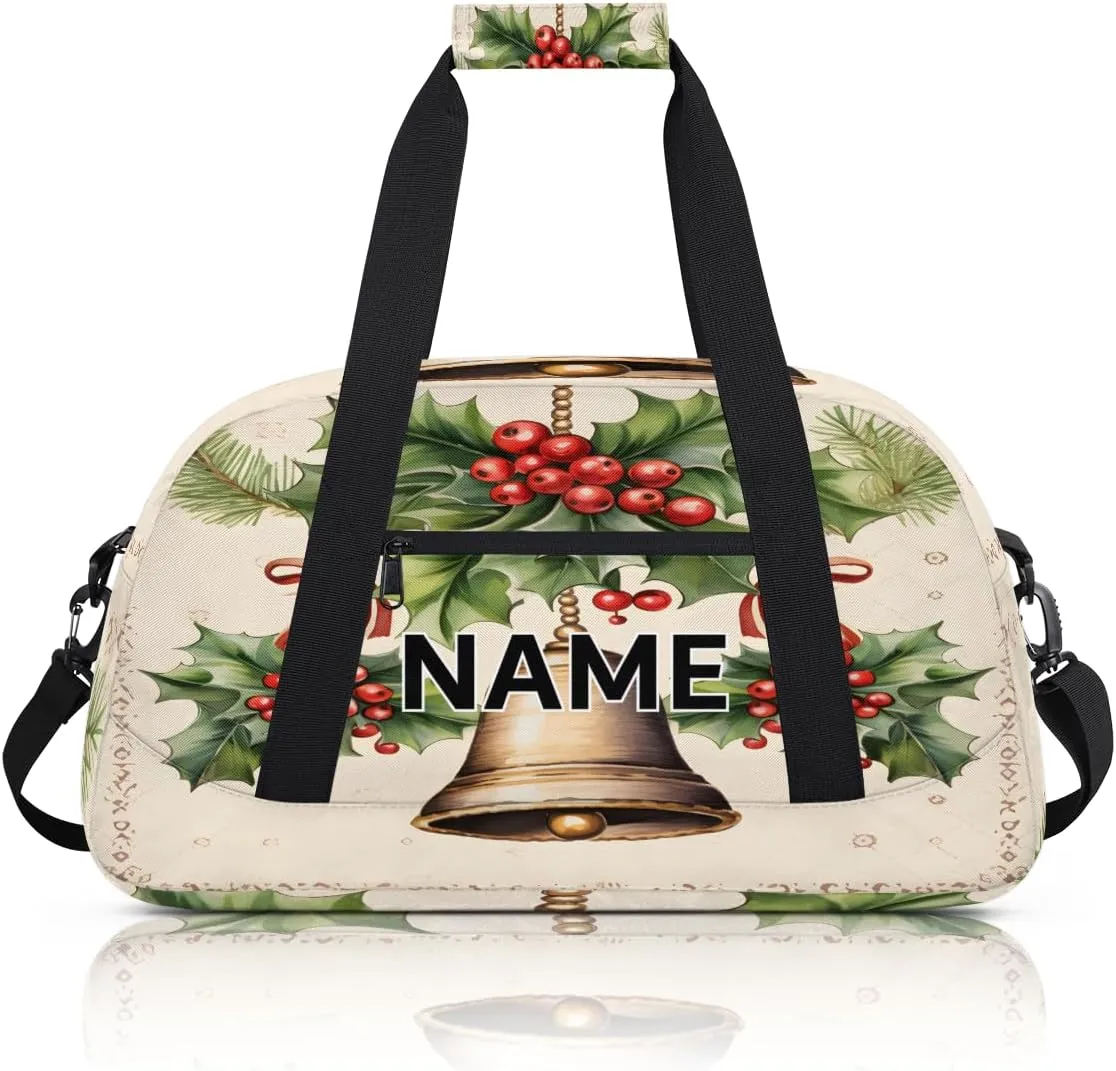 Custom Merry Christmas Small Gym Bag 18 inch for Women Men Personalized Xmas Bells Berry Happy New Year Carry On Overnight Weekender Bag for Travel Work Dance Sport