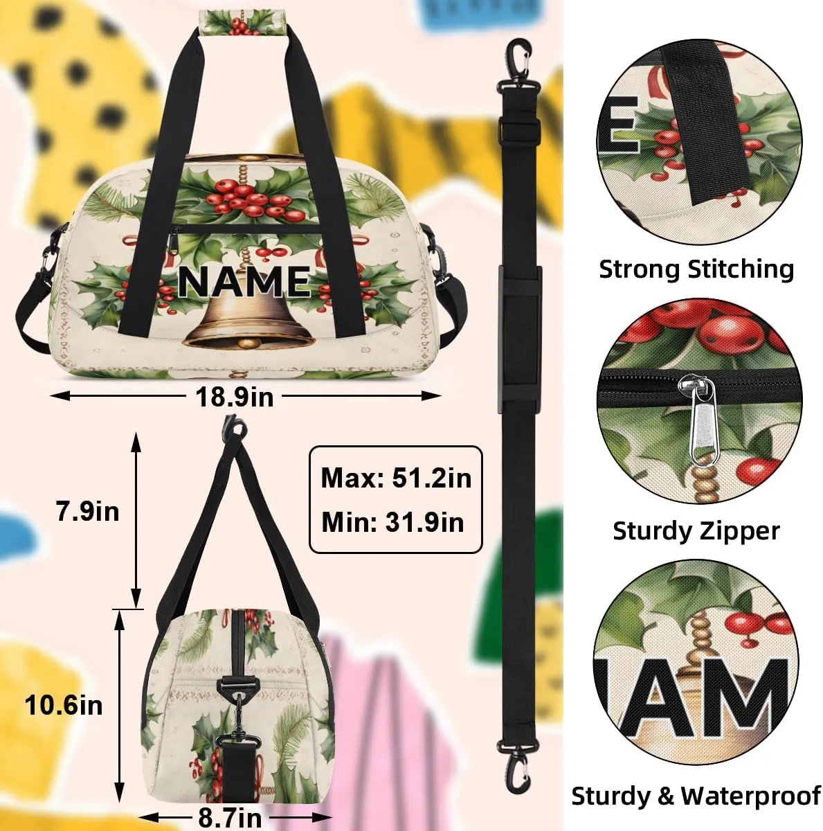 Custom Merry Christmas Small Gym Bag 18 inch for Women Men Personalized Xmas Bells Berry Happy New Year Carry On Overnight Weekender Bag for Travel Work Dance Sport