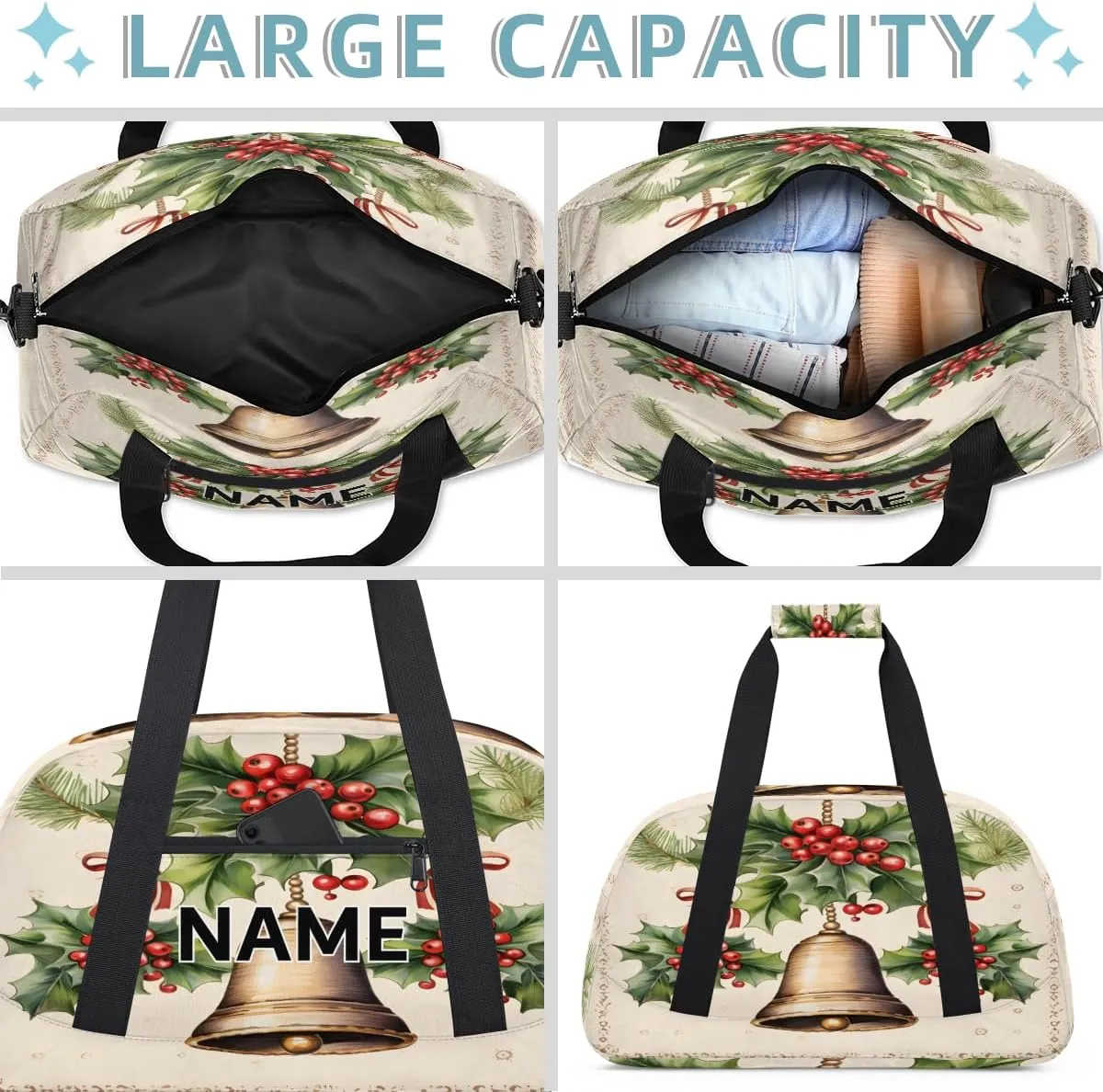 Custom Merry Christmas Small Gym Bag 18 inch for Women Men Personalized Xmas Bells Berry Happy New Year Carry On Overnight Weekender Bag for Travel Work Dance Sport