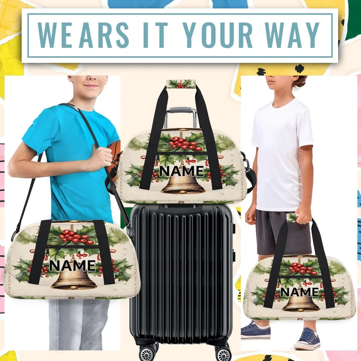 Custom Merry Christmas Small Gym Bag 18 inch for Women Men Personalized Xmas Bells Berry Happy New Year Carry On Overnight Weekender Bag for Travel Work Dance Sport
