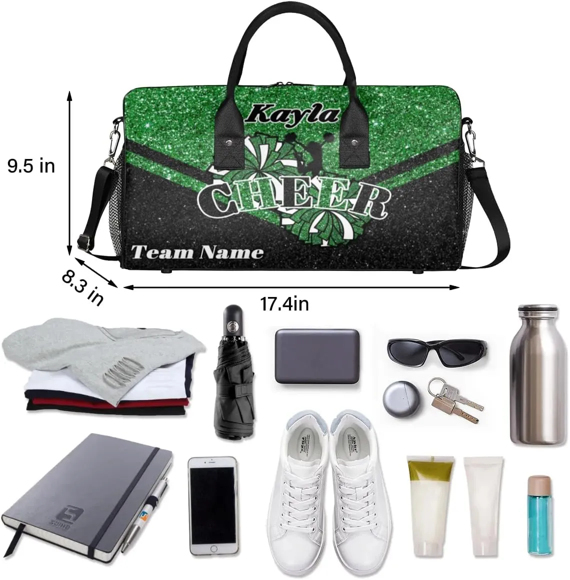 Custom Name Cheerleader Bag Personalized Gym Bag Sport Duffel Bags Customized Cheerleading Bag Overnight Bag, Dark Green Gillter