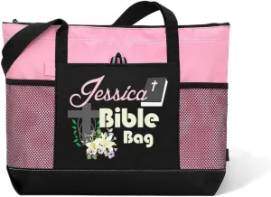 Custom Name Christian Tote Bags Personalized Bible Cross and Flowers Church Tote Bag with Zipper Christian Gifts for Women/Mom/Daughter