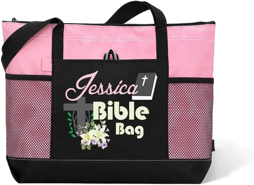Custom Name Christian Tote Bags Personalized Bible Cross and Flowers Church Tote Bag with Zipper Christian Gifts for Women/Mom/Daughter
