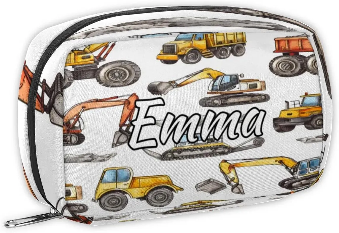 Custom Name Cosmetic Bag, Construction Truck Personalized Bridesmaid Makeup Bag, Personalised Gift for Bridesmaid, Cartoon Machinery Excavator Travel Makeup Bag, Bridesmaid Gifts, Organizer