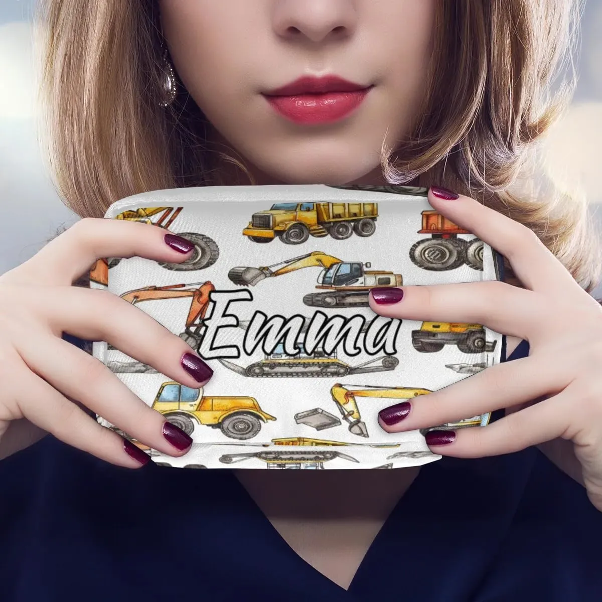 Custom Name Cosmetic Bag, Construction Truck Personalized Bridesmaid Makeup Bag, Personalised Gift for Bridesmaid, Cartoon Machinery Excavator Travel Makeup Bag, Bridesmaid Gifts, Organizer