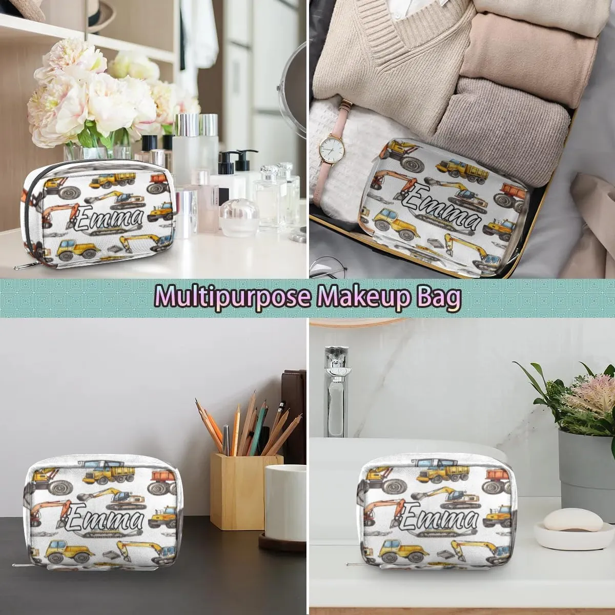 Custom Name Cosmetic Bag, Construction Truck Personalized Bridesmaid Makeup Bag, Personalised Gift for Bridesmaid, Cartoon Machinery Excavator Travel Makeup Bag, Bridesmaid Gifts, Organizer
