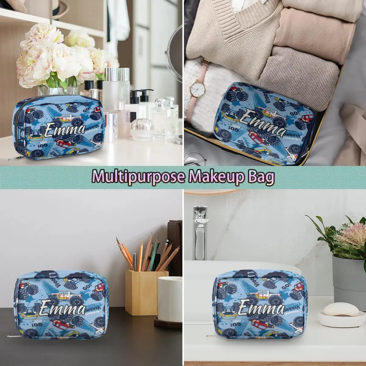 Custom Name Cosmetic Bag, Monster Truck Personalized Bridesmaid Makeup Bag, Personalised Gift for Bridesmaid, Truck Cars Travel Makeup Bag, Bridesmaid Gifts, Organizer