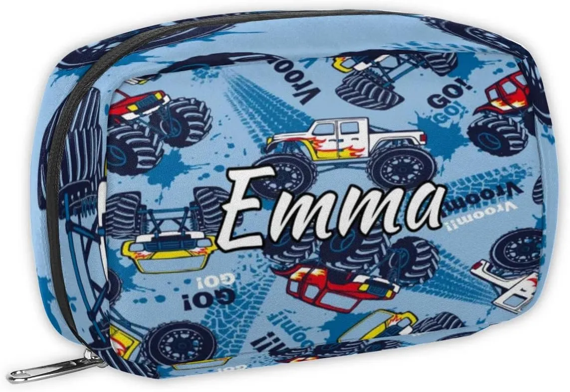 Custom Name Cosmetic Bag, Monster Truck Personalized Bridesmaid Makeup Bag, Personalised Gift for Bridesmaid, Truck Cars Travel Makeup Bag, Bridesmaid Gifts, Organizer