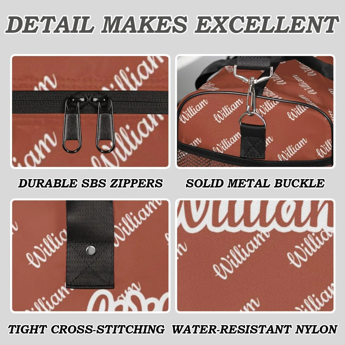 Custom Name Duffel Bag Personalized Sports Bag Dance Gym Bags Travel Overnight Carry-On Duffel Bag for Women Men Waterproof, Reddish Brown