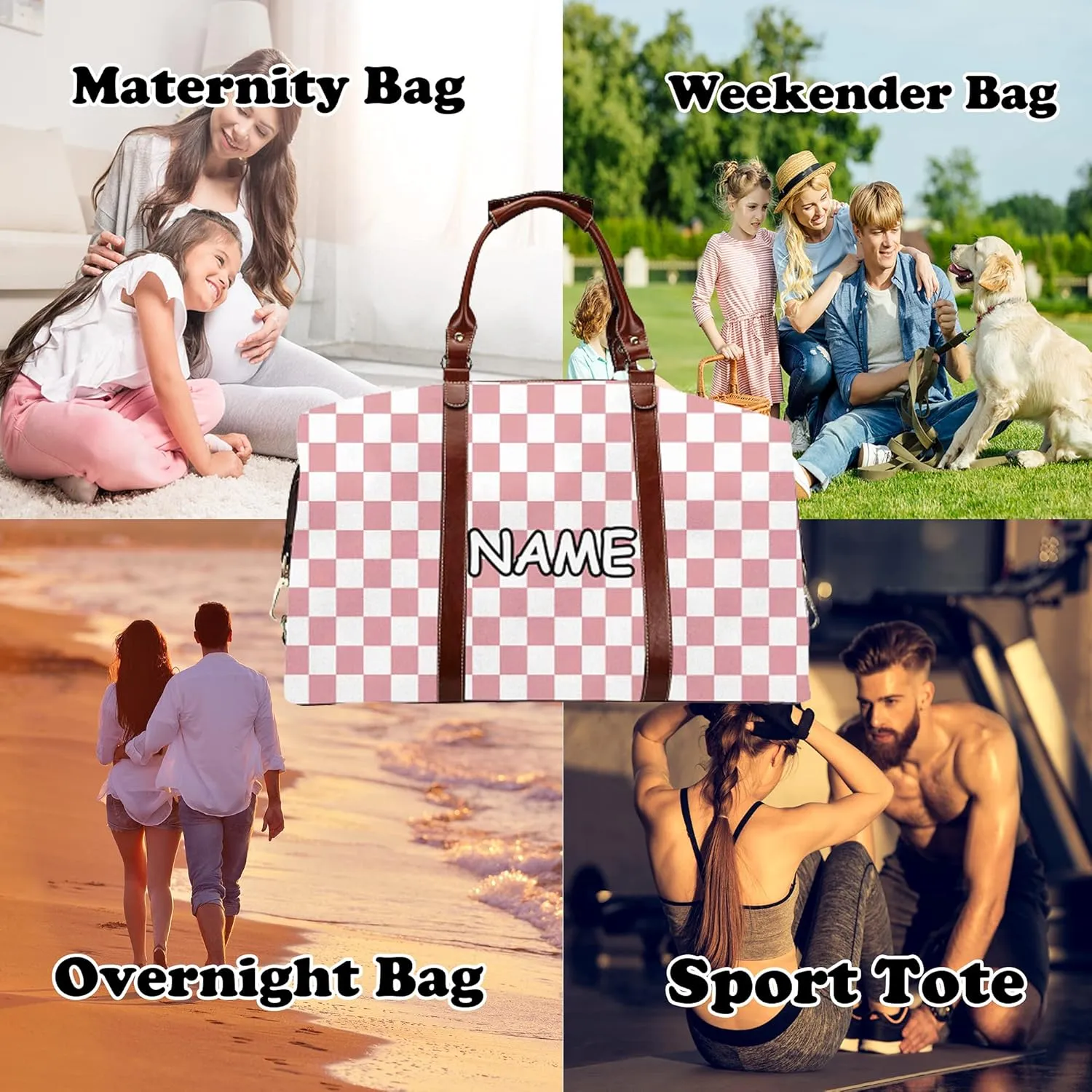 Custom Name Duffel Weekender Overnight Travel Tote Bag with Pocket Personalized Checkerboard Gym Bags for Women