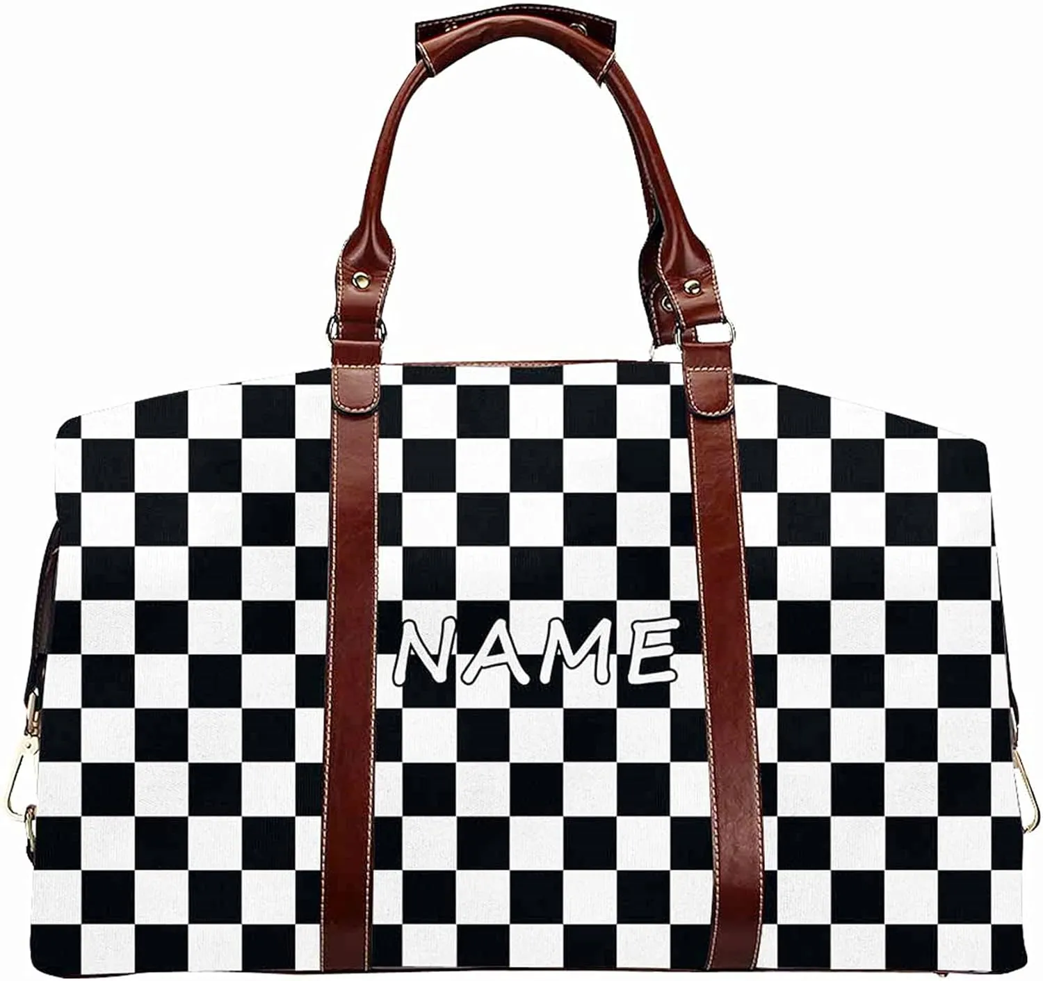 Custom Name Duffel Weekender Overnight Travel Tote Bag with Pocket Personalized Checkerboard Gym Bags for Women