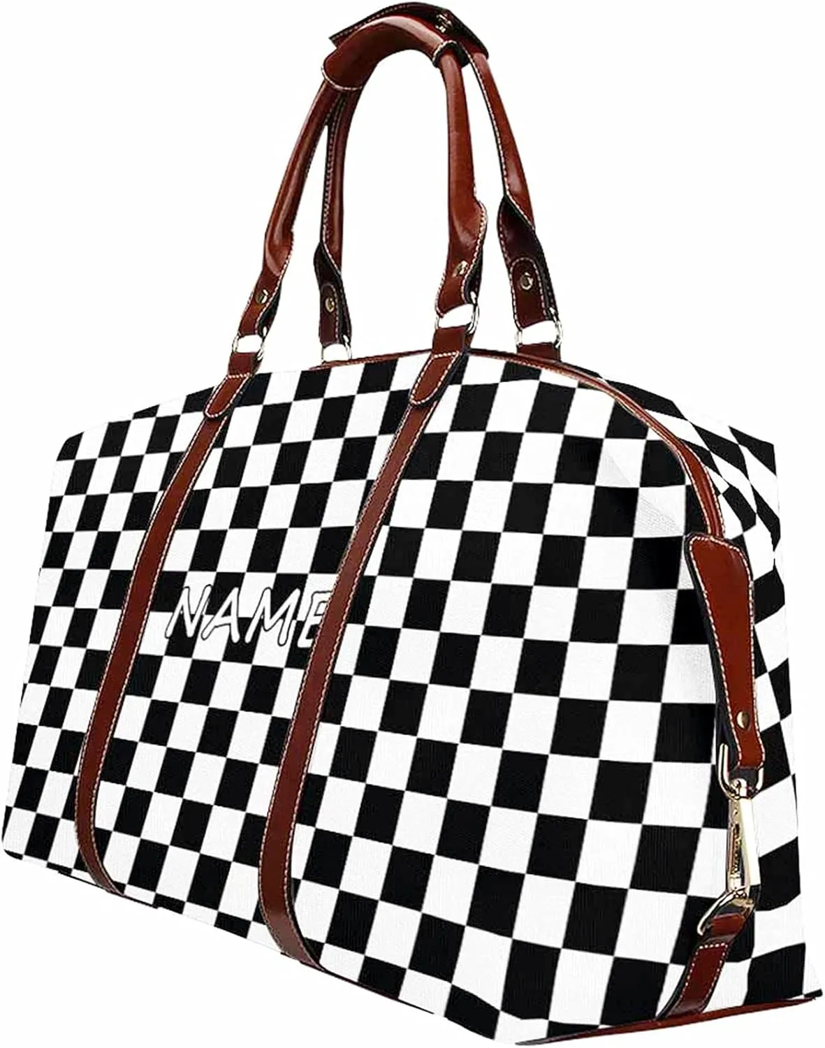 Custom Name Duffel Weekender Overnight Travel Tote Bag with Pocket Personalized Checkerboard Gym Bags for Women