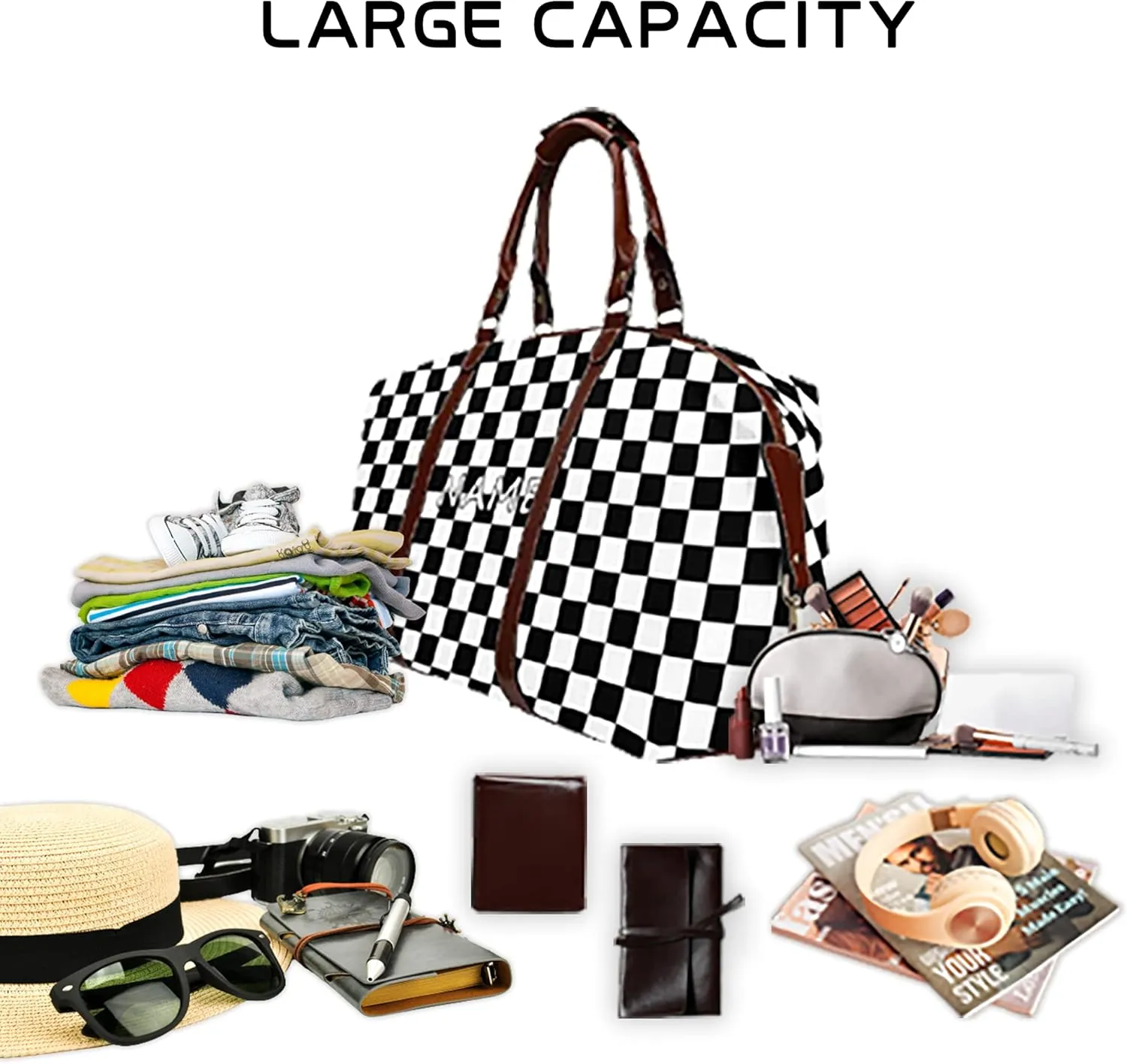 Custom Name Duffel Weekender Overnight Travel Tote Bag with Pocket Personalized Checkerboard Gym Bags for Women