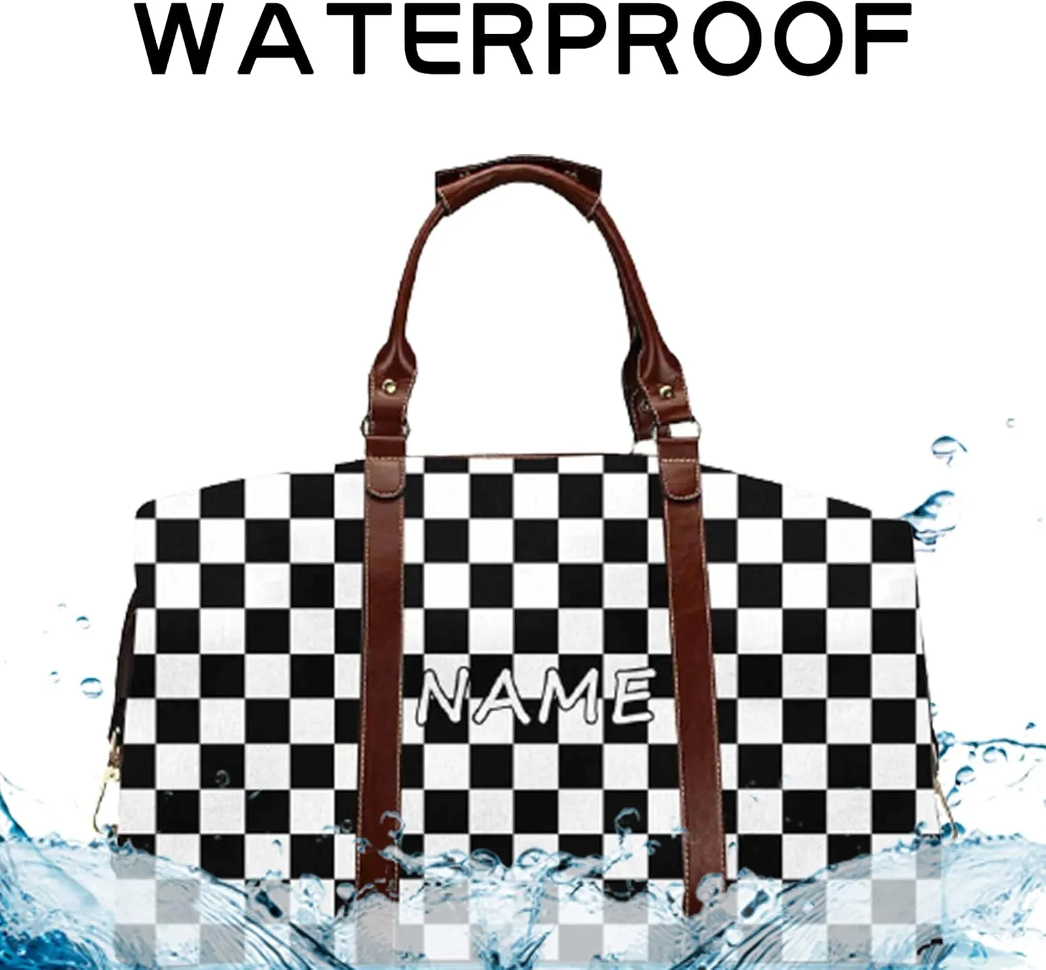 Custom Name Duffel Weekender Overnight Travel Tote Bag with Pocket Personalized Checkerboard Gym Bags for Women