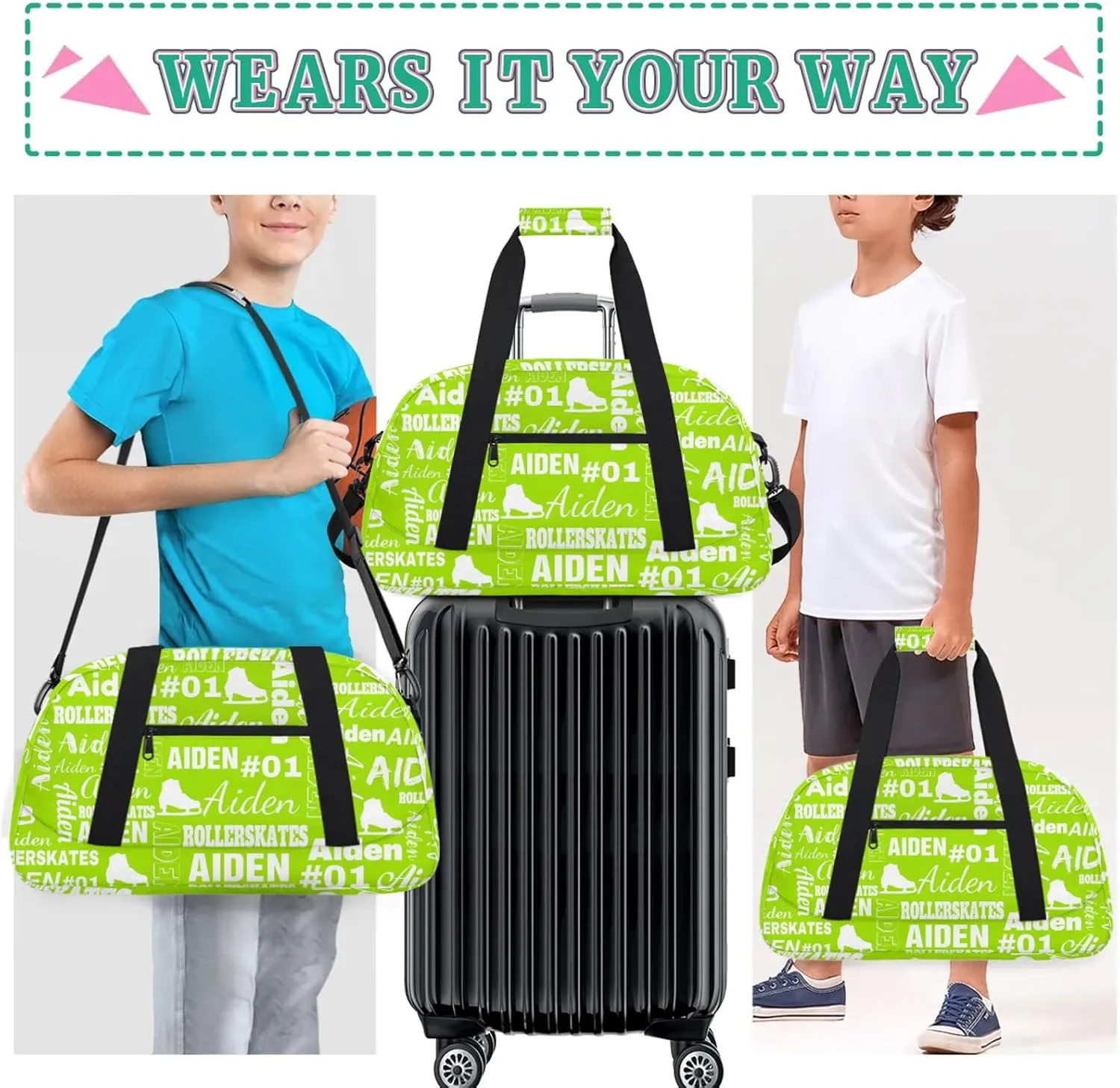 Custom Name Roller Skates Duffle Bags Personalized Number Sports Gym Bag Weekender Overnight Training Bag, Grass Green