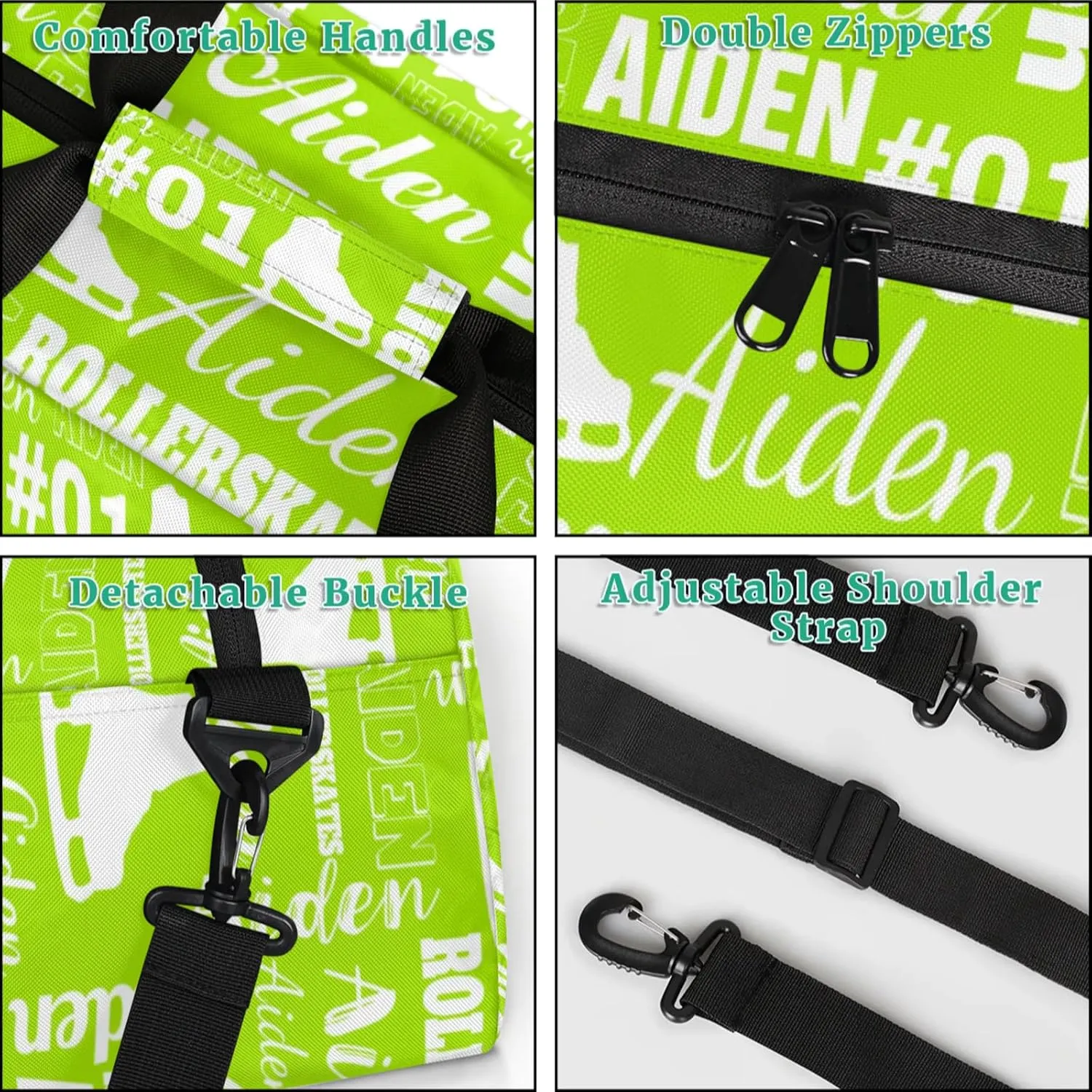 Custom Name Roller Skates Duffle Bags Personalized Number Sports Gym Bag Weekender Overnight Training Bag, Grass Green