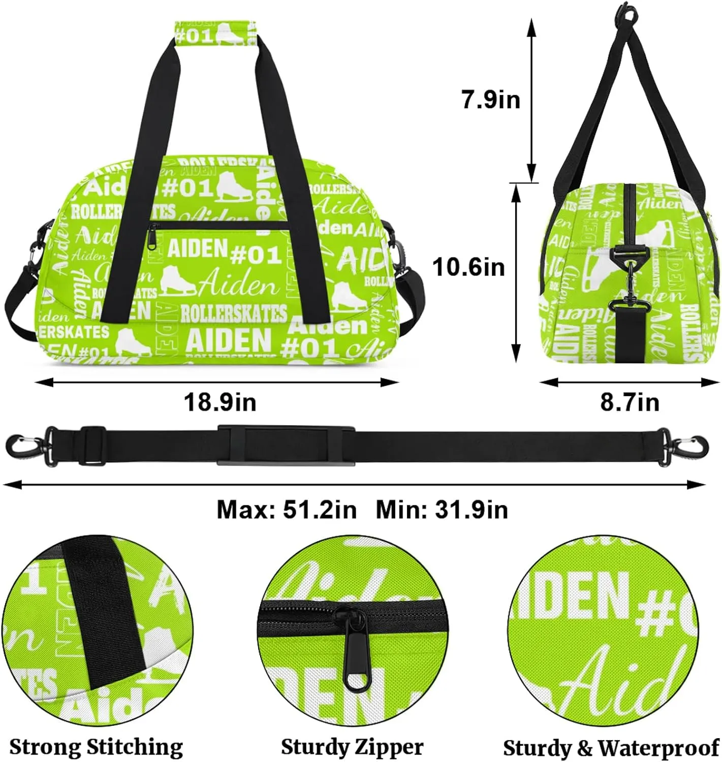 Custom Name Roller Skates Duffle Bags Personalized Number Sports Gym Bag Weekender Overnight Training Bag, Grass Green