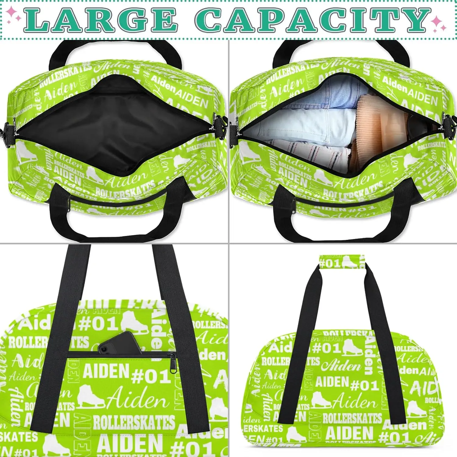 Custom Name Roller Skates Duffle Bags Personalized Number Sports Gym Bag Weekender Overnight Training Bag, Grass Green