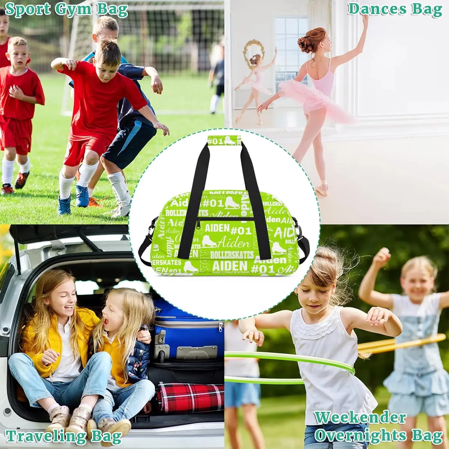 Custom Name Roller Skates Duffle Bags Personalized Number Sports Gym Bag Weekender Overnight Training Bag, Grass Green