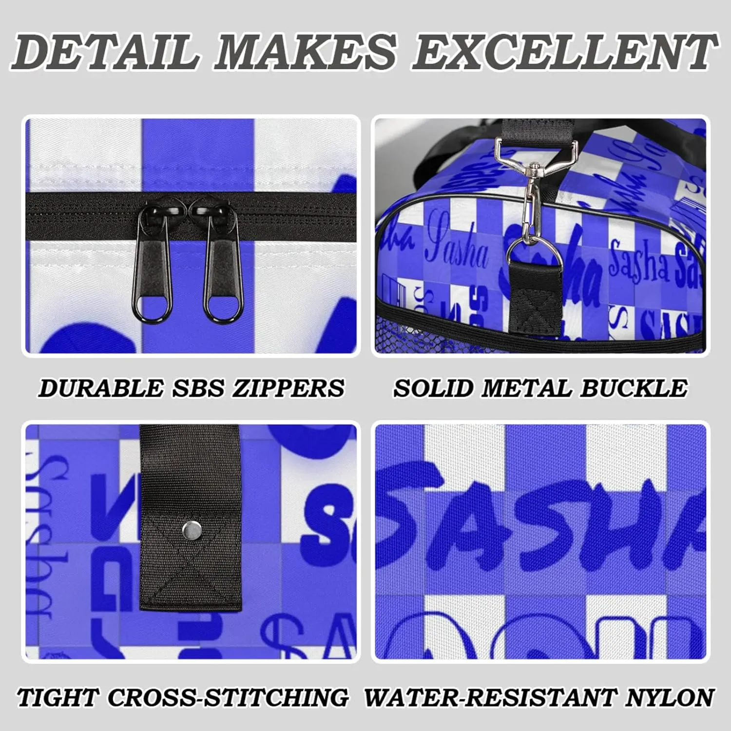 Custom Name Sport Duffel Bag, Personalized Gym Bag for Women, Blue Buffalo Plaid Custom Travel Tote Bags for Dance Cheer, Overnight Weekender Bags