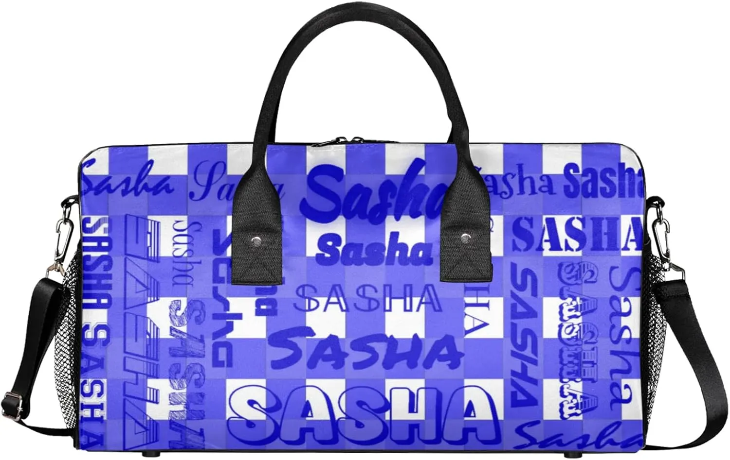 Custom Name Sport Duffel Bag, Personalized Gym Bag for Women, Blue Buffalo Plaid Custom Travel Tote Bags for Dance Cheer, Overnight Weekender Bags