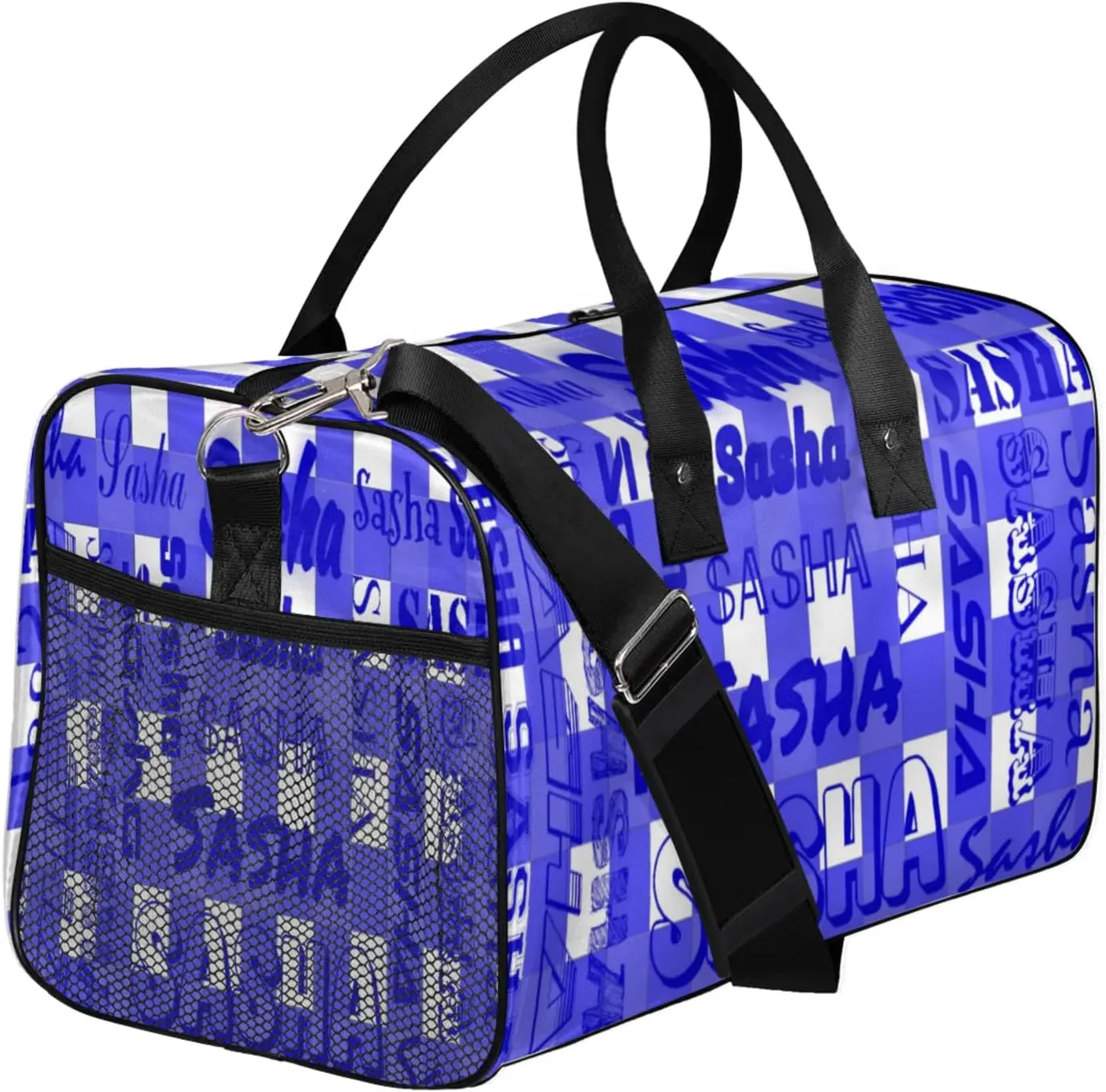 Custom Name Sport Duffel Bag, Personalized Gym Bag for Women, Blue Buffalo Plaid Custom Travel Tote Bags for Dance Cheer, Overnight Weekender Bags