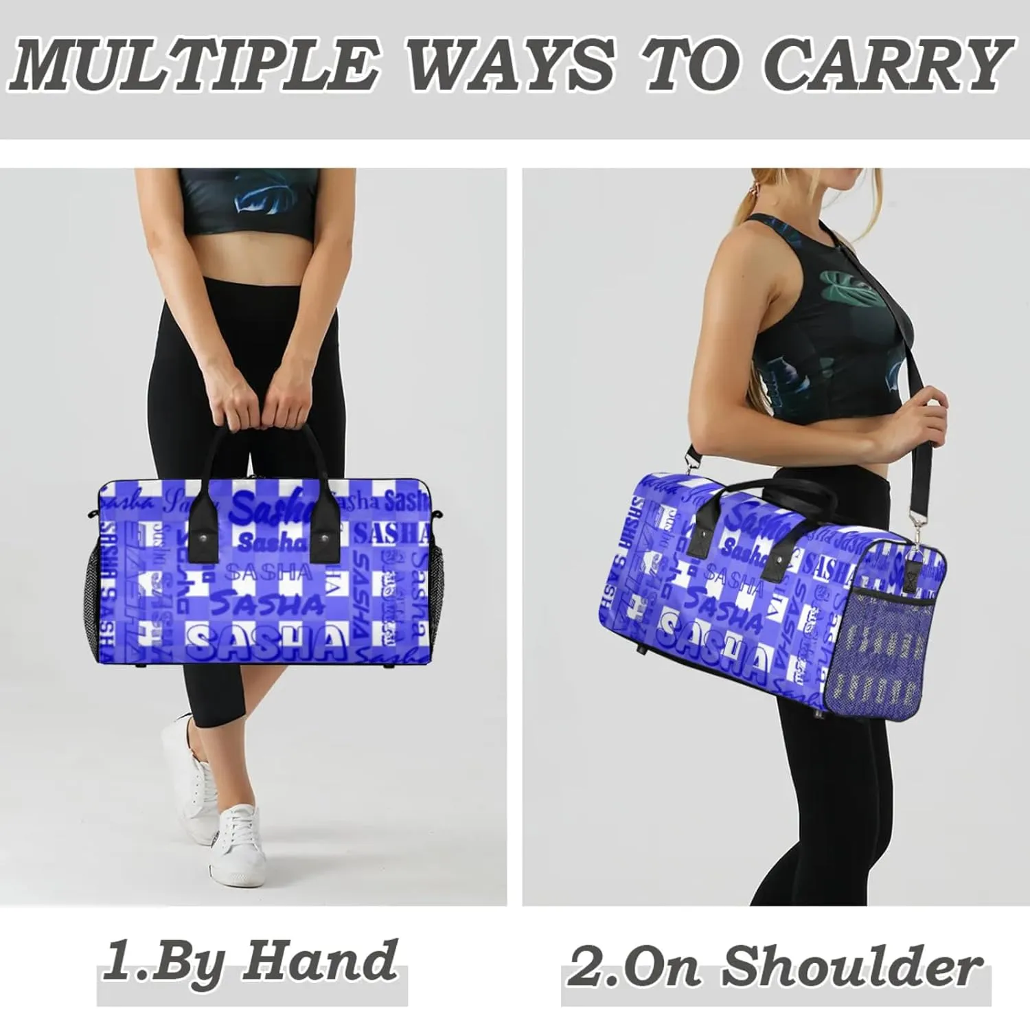 Custom Name Sport Duffel Bag, Personalized Gym Bag for Women, Blue Buffalo Plaid Custom Travel Tote Bags for Dance Cheer, Overnight Weekender Bags
