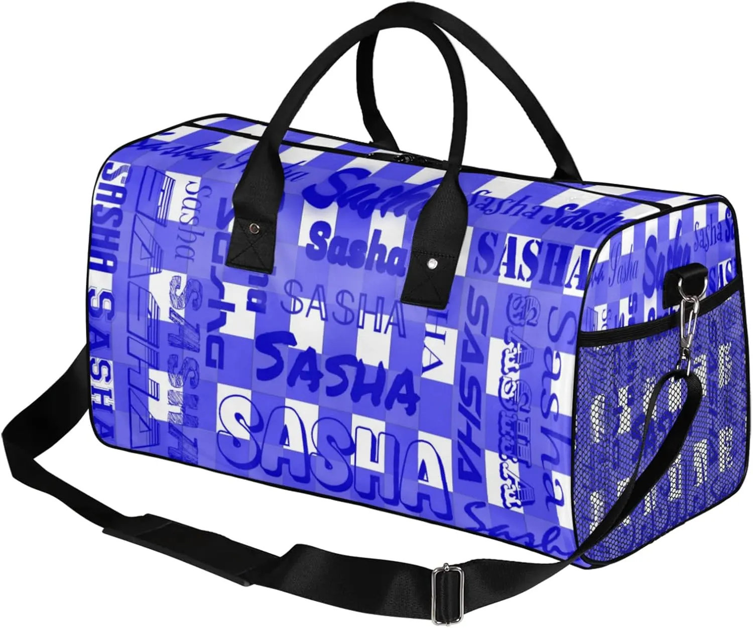 Custom Name Sport Duffel Bag, Personalized Gym Bag for Women, Blue Buffalo Plaid Custom Travel Tote Bags for Dance Cheer, Overnight Weekender Bags