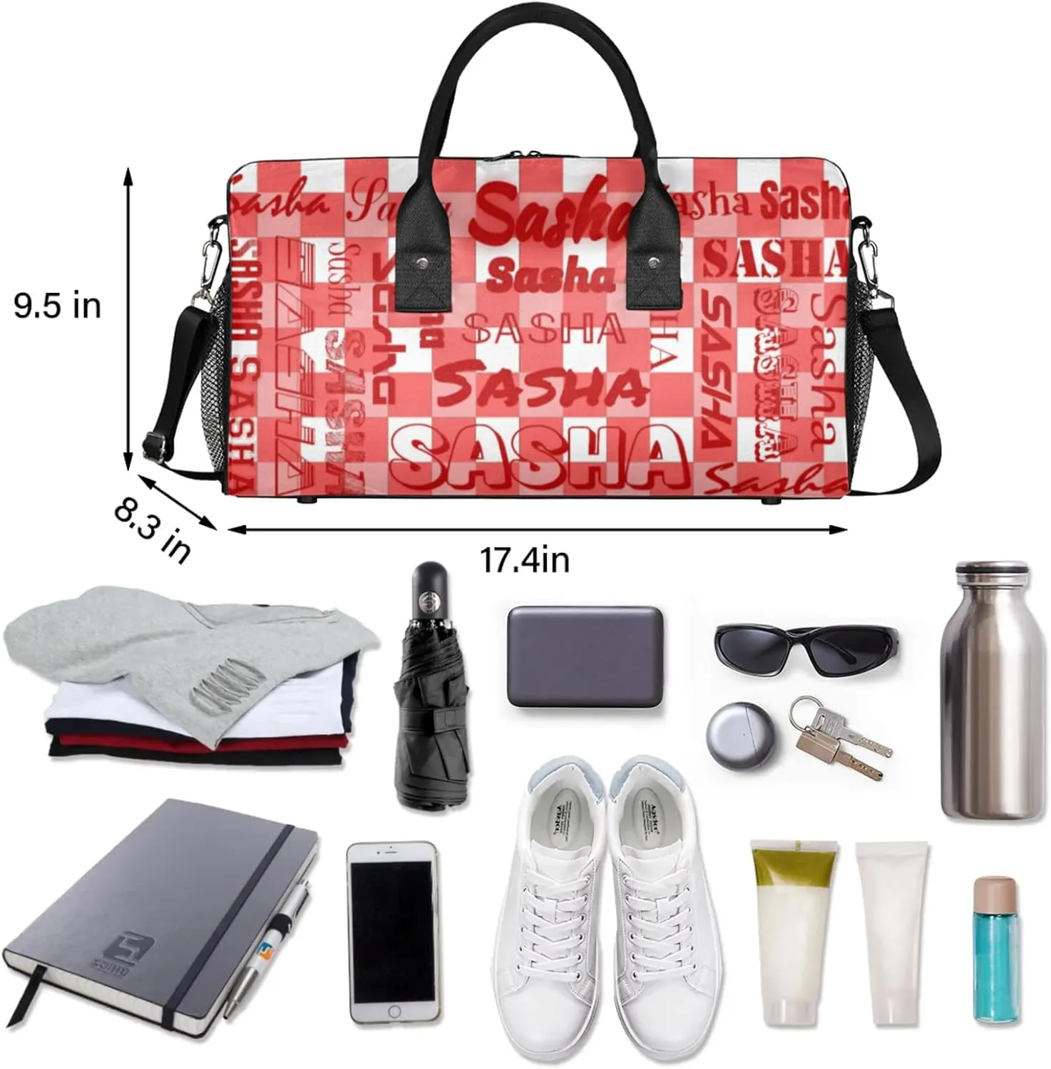 Custom Name Sport Duffel Bag, Personalized Gym Bag for Women, Coral Red Buffalo Plaid Custom Travel Tote Bags for Dance Cheer, Overnight Weekender Bags