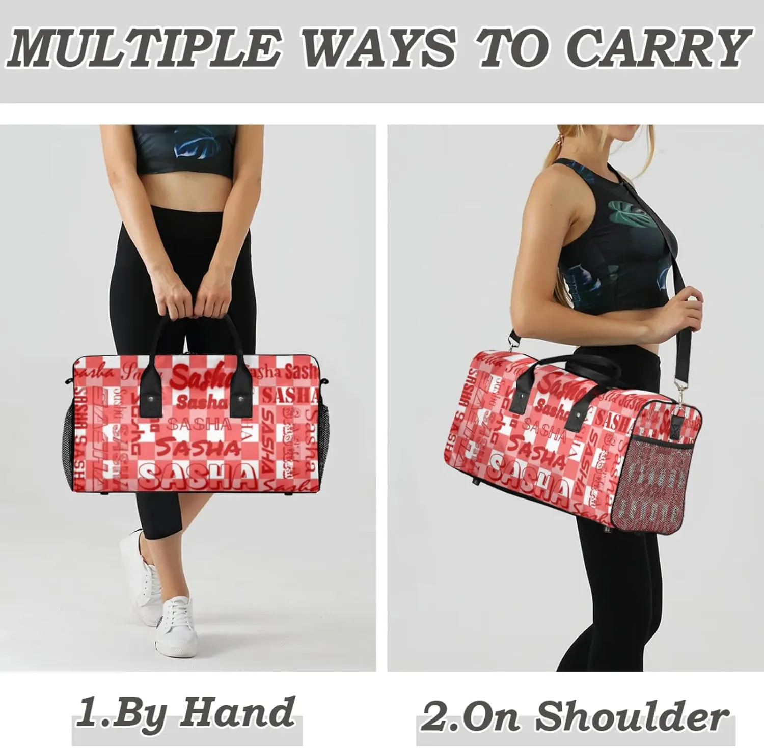 Custom Name Sport Duffel Bag, Personalized Gym Bag for Women, Coral Red Buffalo Plaid Custom Travel Tote Bags for Dance Cheer, Overnight Weekender Bags