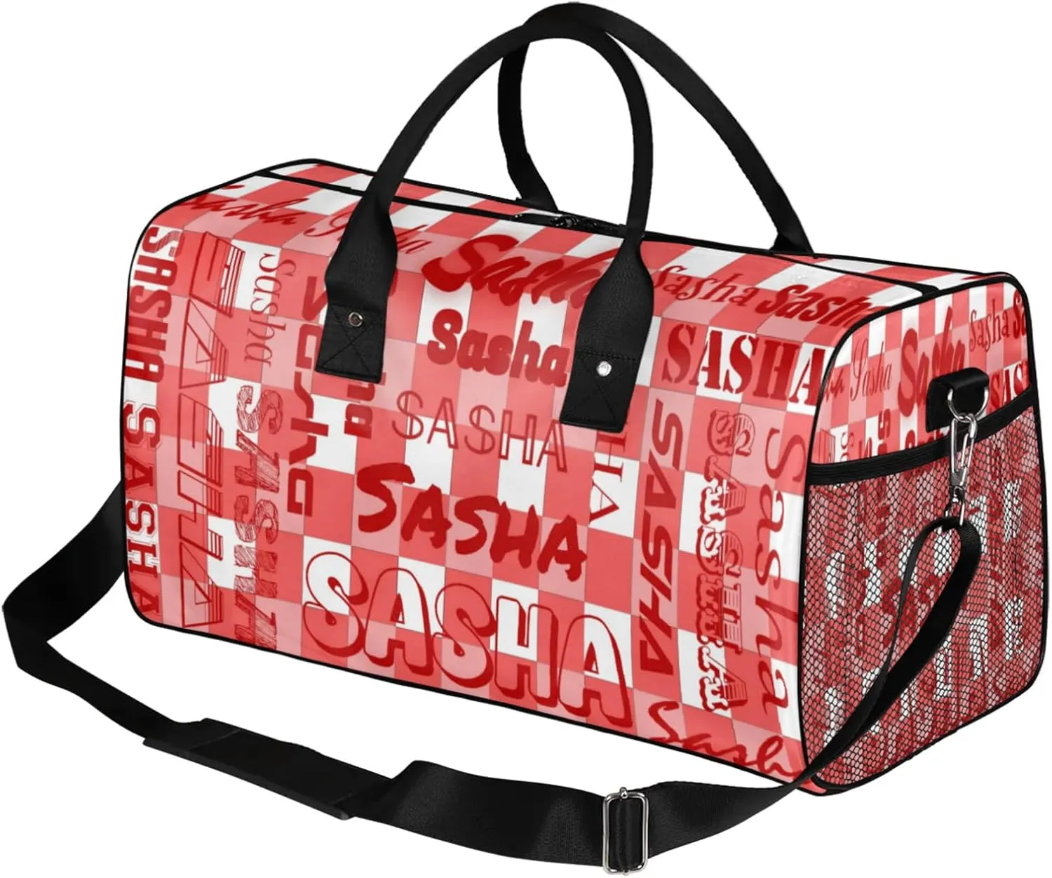 Custom Name Sport Duffel Bag, Personalized Gym Bag for Women, Coral Red Buffalo Plaid Custom Travel Tote Bags for Dance Cheer, Overnight Weekender Bags
