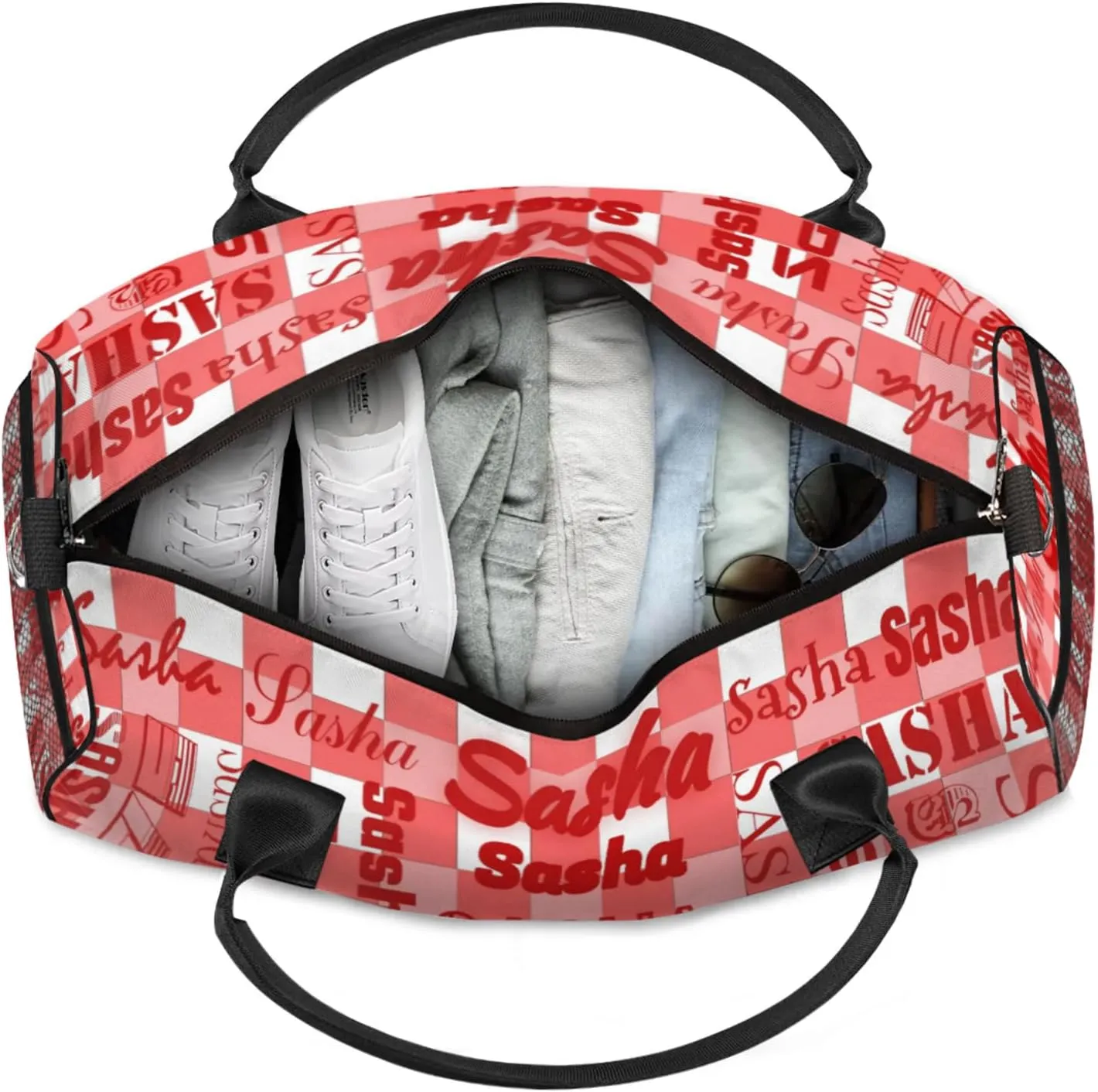 Custom Name Sport Duffel Bag, Personalized Gym Bag for Women, Coral Red Buffalo Plaid Custom Travel Tote Bags for Dance Cheer, Overnight Weekender Bags