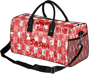 Custom Name Sport Duffel Bag, Personalized Gym Bag for Women, Coral Red Buffalo Plaid Custom Travel Tote Bags for Dance Cheer, Overnight Weekender Bags