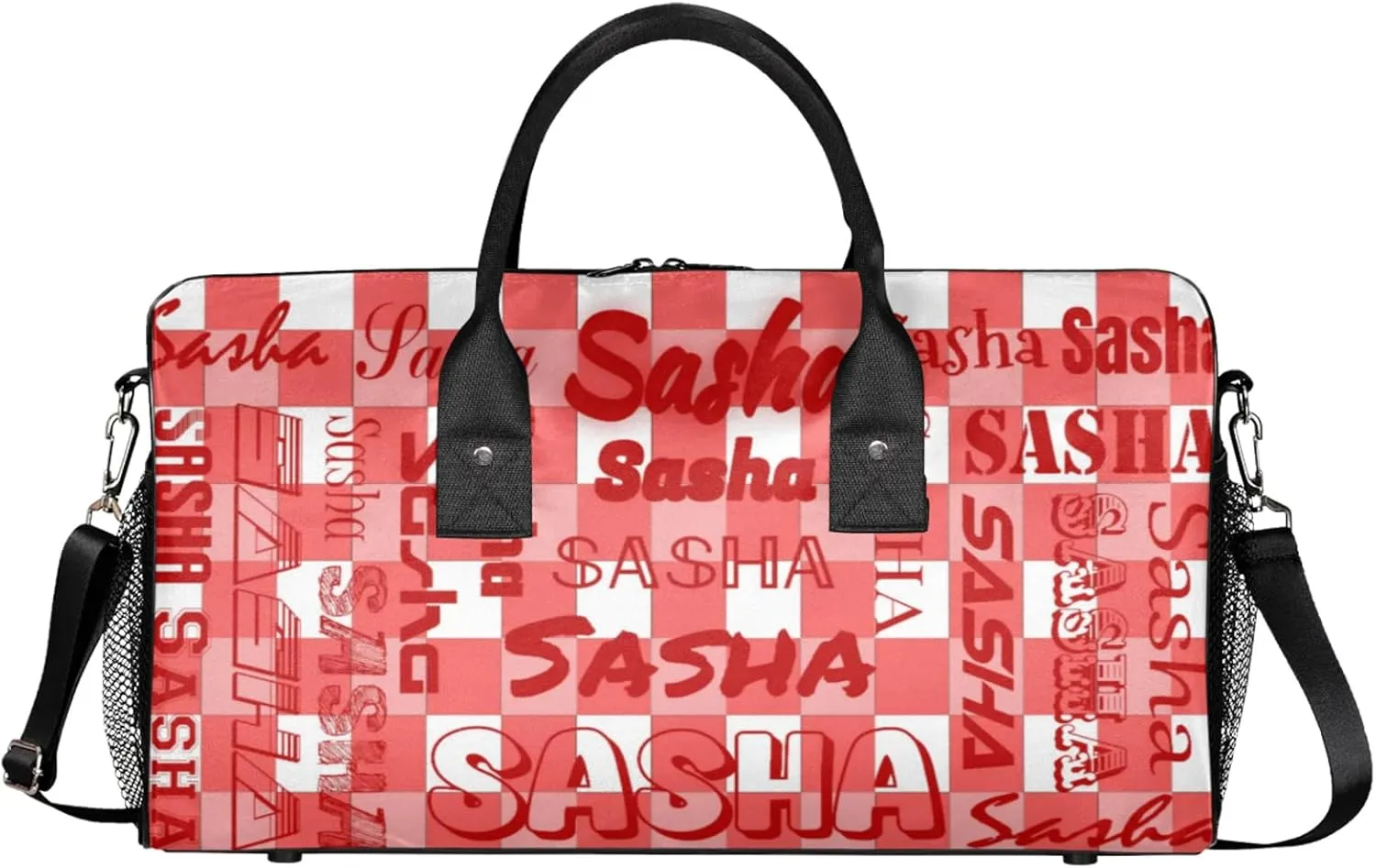 Custom Name Sport Duffel Bag, Personalized Gym Bag for Women, Coral Red Buffalo Plaid Custom Travel Tote Bags for Dance Cheer, Overnight Weekender Bags