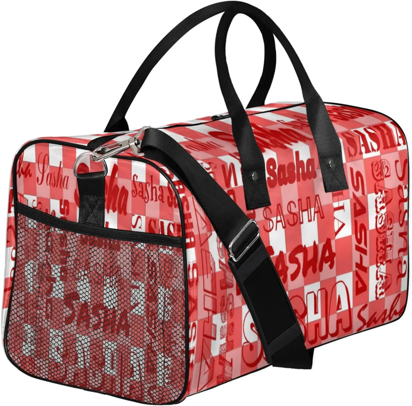 Custom Name Sport Duffel Bag, Personalized Gym Bag for Women, Coral Red Buffalo Plaid Custom Travel Tote Bags for Dance Cheer, Overnight Weekender Bags
