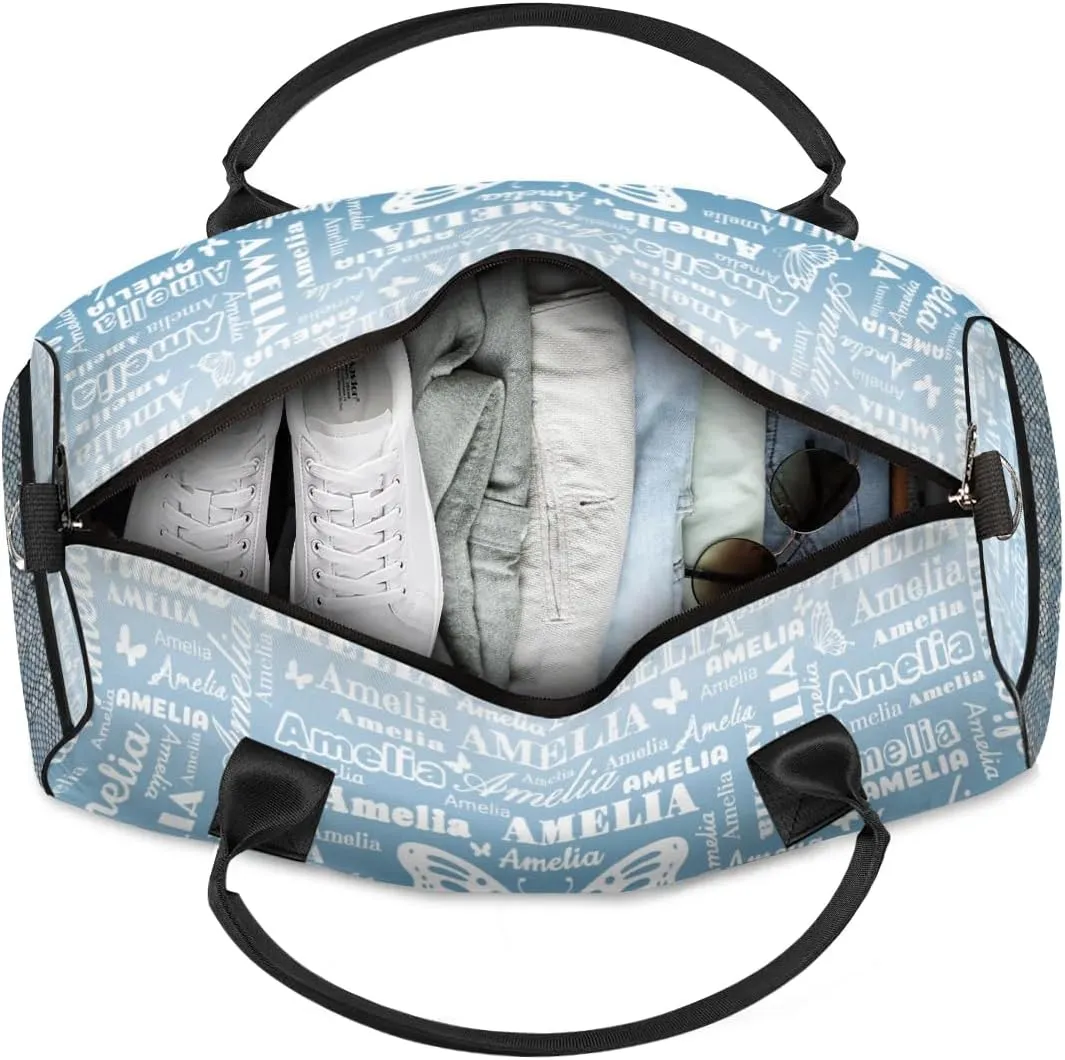 Custom Name Sport Duffel Bag, Personalized Gym Bag for Women, Custom Travel Tote Bags for Dance Cheer, Overnight Weekender Bags, Blue Gradient Butterfly Bag