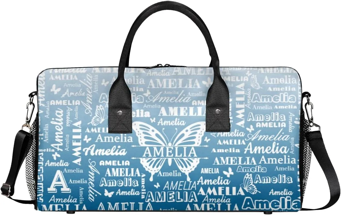 Custom Name Sport Duffel Bag, Personalized Gym Bag for Women, Custom Travel Tote Bags for Dance Cheer, Overnight Weekender Bags, Blue Gradient Butterfly Bag