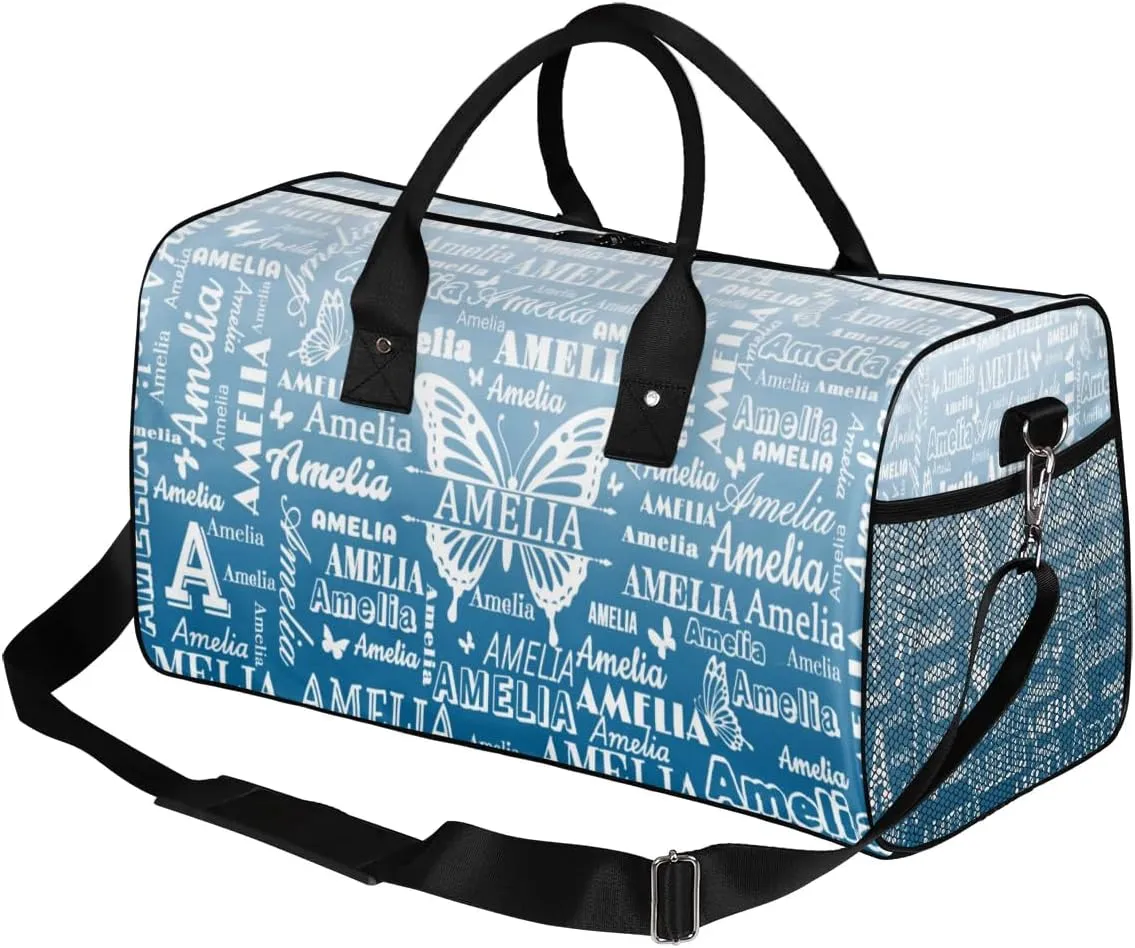 Custom Name Sport Duffel Bag, Personalized Gym Bag for Women, Custom Travel Tote Bags for Dance Cheer, Overnight Weekender Bags, Blue Gradient Butterfly Bag