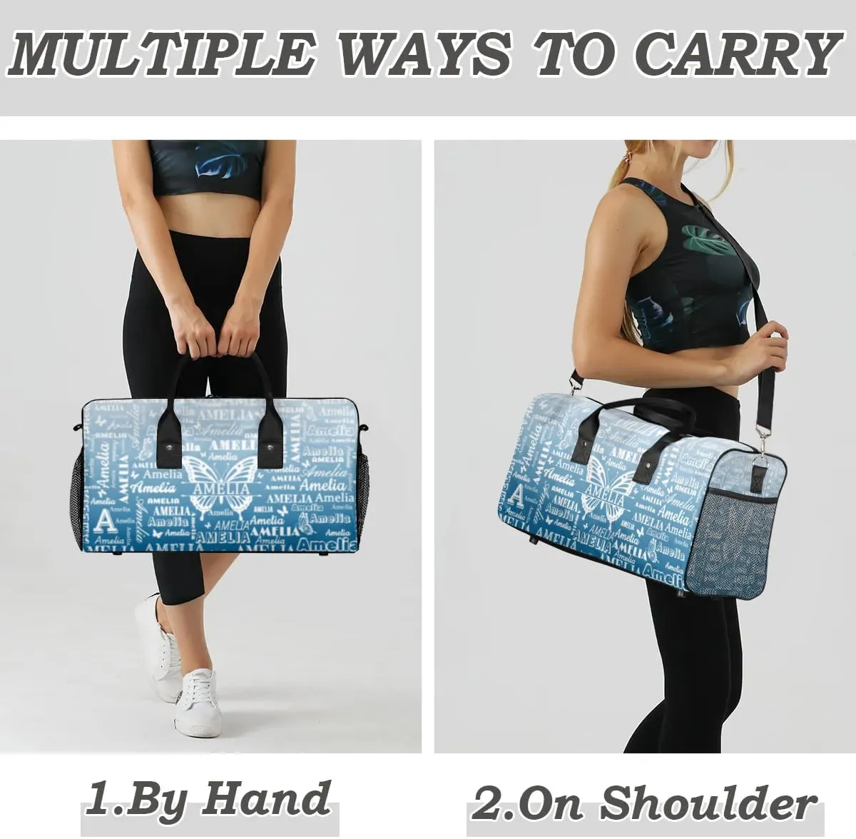 Custom Name Sport Duffel Bag, Personalized Gym Bag for Women, Custom Travel Tote Bags for Dance Cheer, Overnight Weekender Bags, Blue Gradient Butterfly Bag
