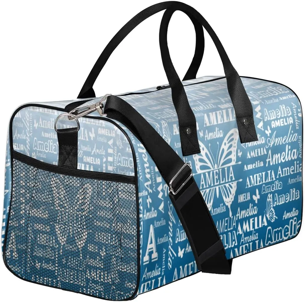 Custom Name Sport Duffel Bag, Personalized Gym Bag for Women, Custom Travel Tote Bags for Dance Cheer, Overnight Weekender Bags, Blue Gradient Butterfly Bag