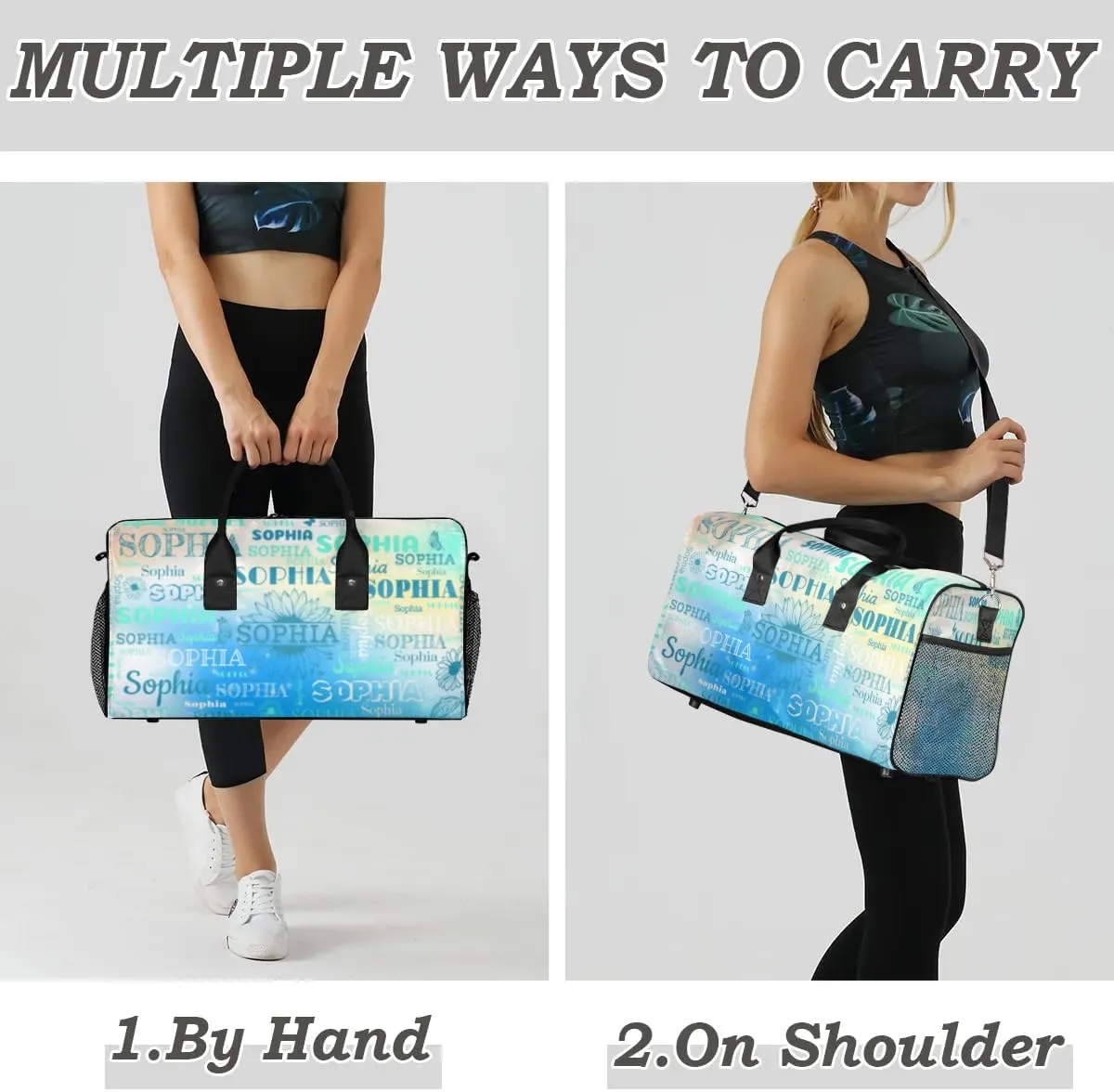Custom Name Sport Duffel Bag, Sunflower Personalized Gym Bag for Women, Custom Travel Tote Bags for Dance Cheer, Overnight Weekender Bags, Blue Green Bag
