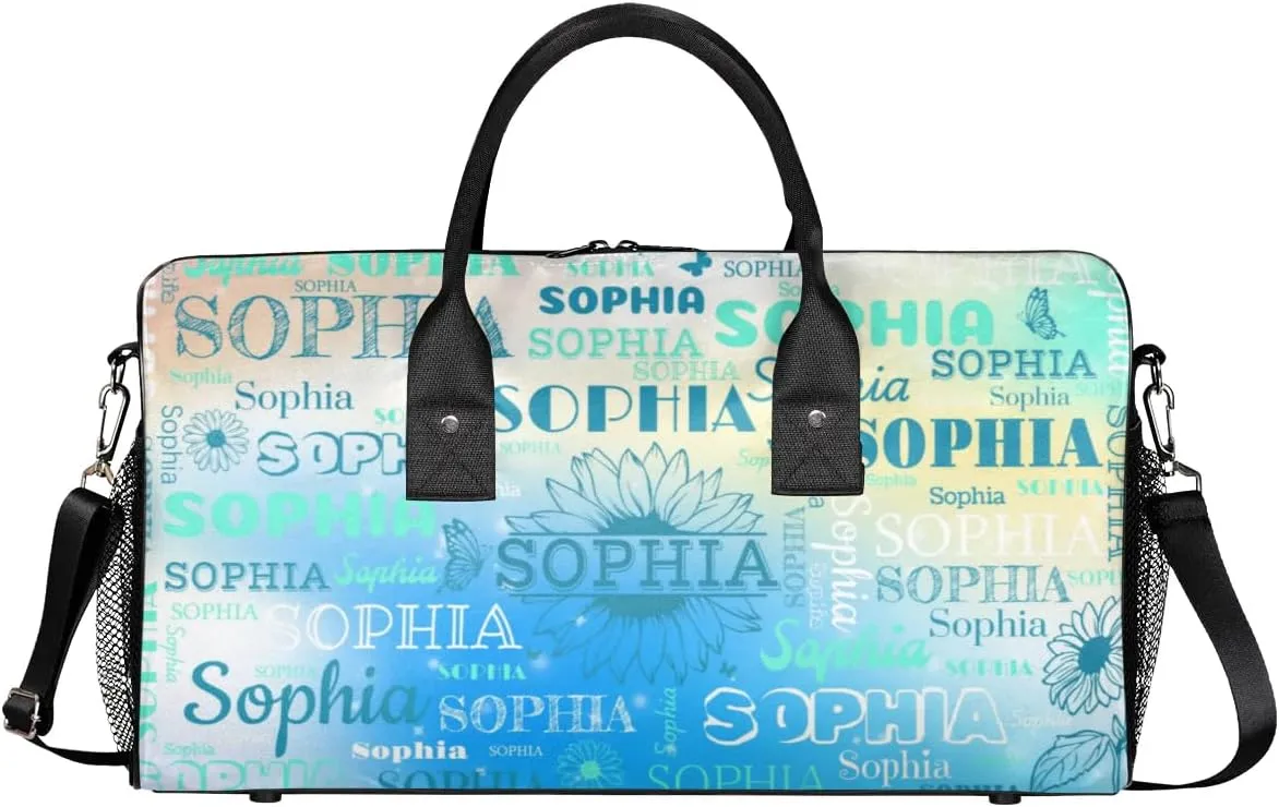 Custom Name Sport Duffel Bag, Sunflower Personalized Gym Bag for Women, Custom Travel Tote Bags for Dance Cheer, Overnight Weekender Bags, Blue Green Bag