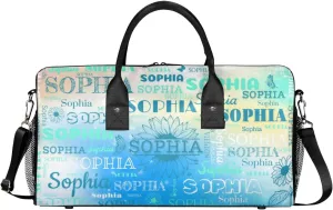 Custom Name Sport Duffel Bag, Sunflower Personalized Gym Bag for Women, Custom Travel Tote Bags for Dance Cheer, Overnight Weekender Bags, Blue Green Bag