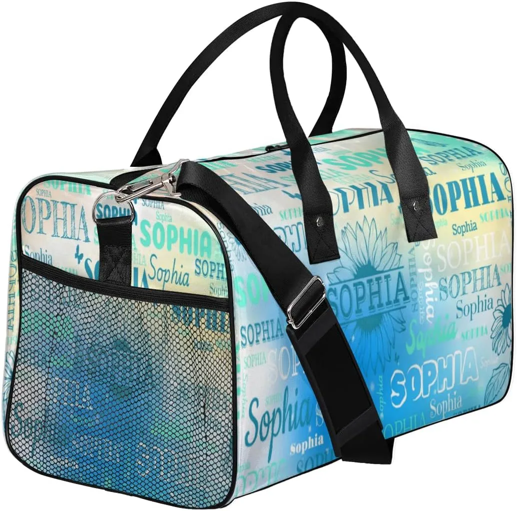 Custom Name Sport Duffel Bag, Sunflower Personalized Gym Bag for Women, Custom Travel Tote Bags for Dance Cheer, Overnight Weekender Bags, Blue Green Bag