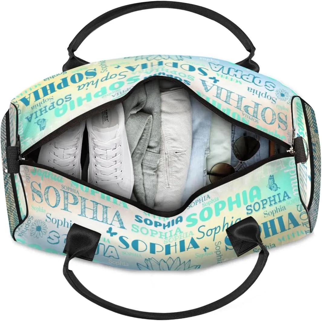Custom Name Sport Duffel Bag, Sunflower Personalized Gym Bag for Women, Custom Travel Tote Bags for Dance Cheer, Overnight Weekender Bags, Blue Green Bag