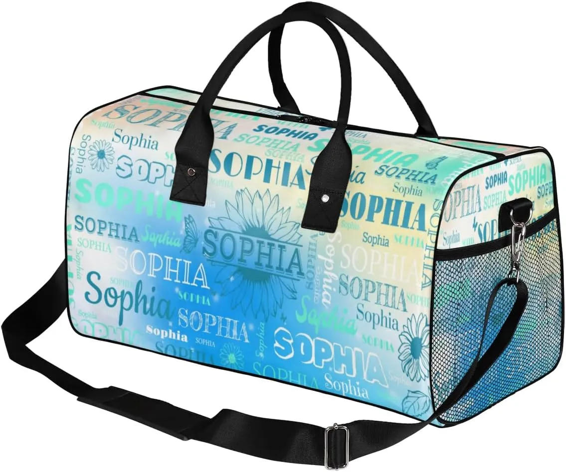 Custom Name Sport Duffel Bag, Sunflower Personalized Gym Bag for Women, Custom Travel Tote Bags for Dance Cheer, Overnight Weekender Bags, Blue Green Bag