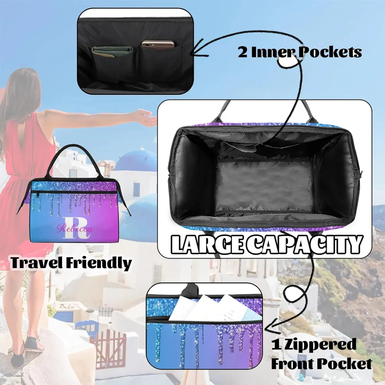 Custom Name Sports Duffel Bag Personalized Dance Gym Bag for Women Men Overnight Weekender Travel Duffel Bags Lightweight 15.2in, Blue Purple