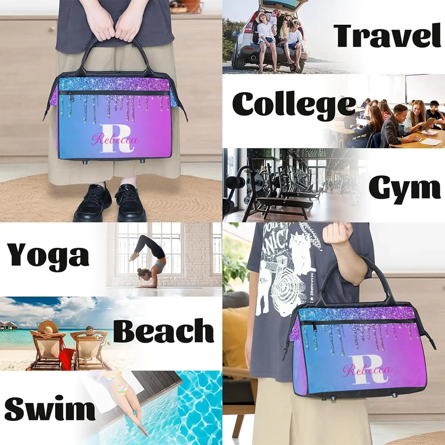 Custom Name Sports Duffel Bag Personalized Dance Gym Bag for Women Men Overnight Weekender Travel Duffel Bags Lightweight 15.2in, Blue Purple