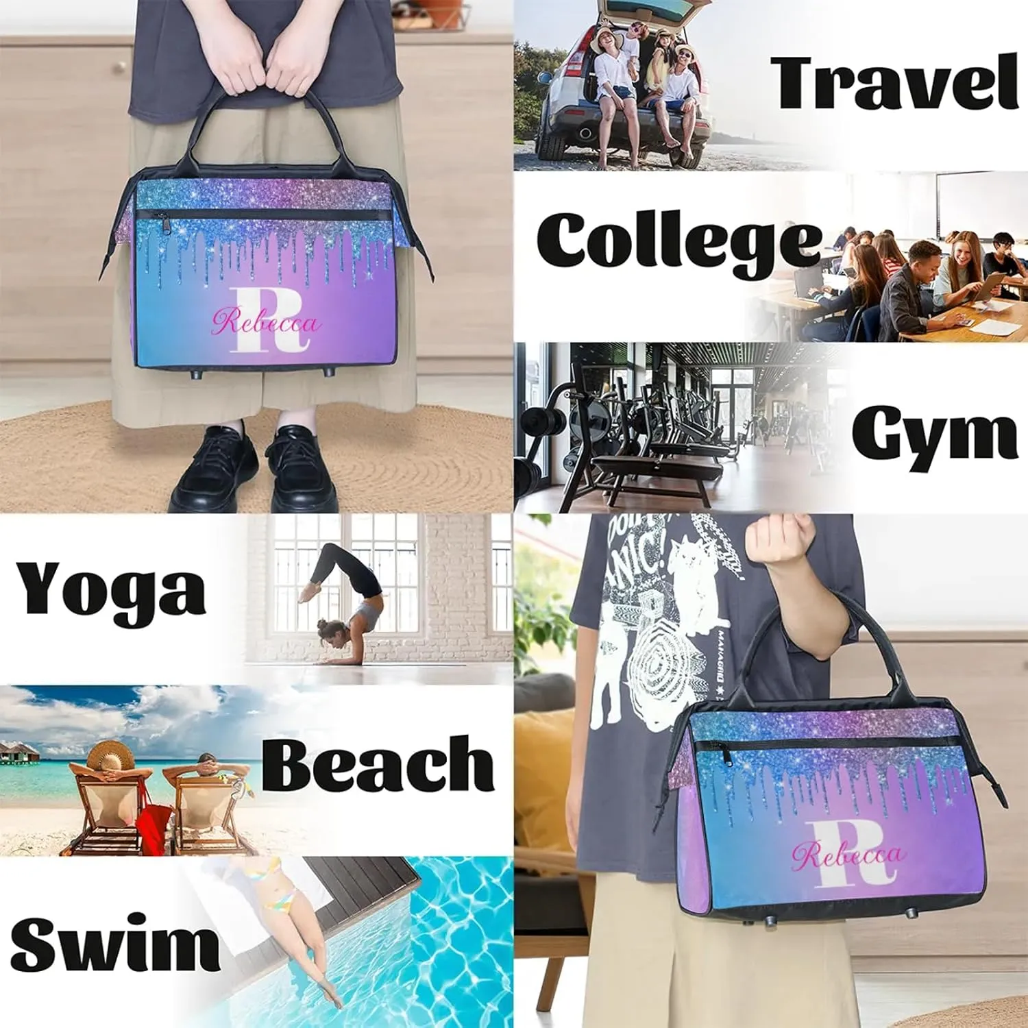 Custom Name Sports Duffel Bag Personalized Dance Gym Bag for Women Men Overnight Weekender Travel Duffel Bags Lightweight 15.2in, Multi Blue